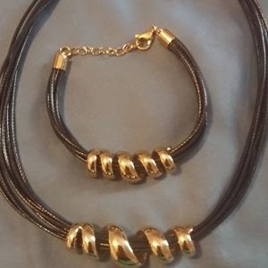 Black Leather and gold bracelet and necklace